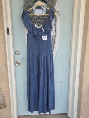 American Eagle Outfitters Blue Smocked Ruffle Top 2025